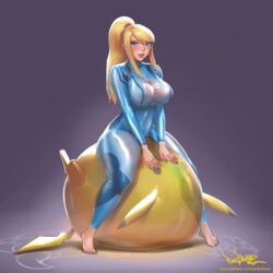 1girls animated balloon barefoot big_breasts big_lips bimbo blonde_hair blue_eyes bouncing_breasts breasts cleavage female female_only huge_ass huge_breasts human interspecies large_breasts metroid naughty_face nintendo pikachu pinkdrawz pokémon_(species) pokemon samus_aran see-through sidelocks smile solo thick_thighs voluptuous wide_hips zero_suit zero_suit_samus