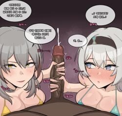1boy 2girls african_male bikini black_background blue_bikini chihel dark-skinned_male dark_penis dark_skin ffm_threesome firefly_(honkai:_star_rail) grey_hair group_sex headband interracial japanese_girl korean_text light_skinned_female multiple_girls non-web_source penis speech_bubble stelle_(honkai:_star_rail) swimsuit threesome trailblazer_(honkai:_star_rail) white_hair yellow_bikini yellow_eyes
