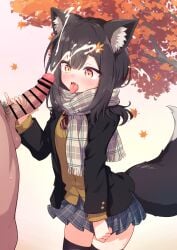 1boy animal_ears bar_censor black_hair black_jacket black_thighhighs blue_skirt bow bowtie breasts brown_eyes brown_sweater censored commission cum diagonal-striped_bow diagonal-striped_bowtie diagonal-striped_clothes ejaculation female grey_scarf hair_ornament hairclip highres jacket large_variant_set layered_sleeves leaf_hair_ornament long_sleeves male_pubic_hair medium_hair miniskirt open_mouth original penis penis_grab pinky_out plaid_clothes plaid_scarf plaid_skirt pleated_skirt pubic_hair red_bow red_bowtie scarf skeb_commission skirt small_breasts straight striped_clothes sweater tail testicles thighhighs tongue tongue_out variant_set wodaex wolf_ears wolf_girl wolf_tail