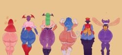 6girls ass_chart baby_bonnie_hood blue_hair blue_skin bottomless bubble_butt bulleta capcom cat_ears clothed darkstalkers dudeman80085 felicia_(darkstalkers) headwear hsien_ko huge_ass huge_breasts lei-lei lei_lei lilith_aensland lineup morrigan_aensland multiple_girls q-bee tail vampire_savior