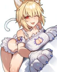 absurdres animal_ears animal_hands arcueid_brunestud blonde_hair blush bra breasts cat_cutout cat_ears cat_lingerie cat_tail cleavage cleavage_cutout clothing_cutout female gloves highres large_breasts looking_at_viewer meme_attire one_eye_closed open_mouth panties paw_gloves radishkek red_eyes smile solo tail tsukihime underwear white_bra white_panties