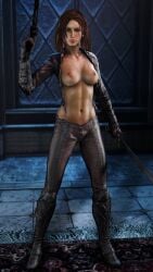 1girls 3d batman_(series) breasts brown_hair dc_comics female gun nipples smokescreen117 solo sword talia_al_ghul weapon