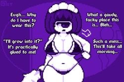 1_eye 1girls annoyed bikini breasts cleavage cyclops feather_duster female female_only hair_ornament maid_bikini maid_headdress micro_bikini navel octotron2000 pixel_art plump purple_eye purple_hair short_hair solo solo_female text thick_thighs thong white_body wide_hips