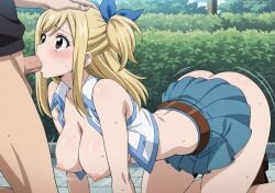 1boy ai_generated another's ass at bouncing breasts deepthroat fairy_tail fellatio female focus from hand head highres kneeling lines looking lucy_heartfilia male nipples on oral penis saliva self_upload side solo speed straight sweat trezuya