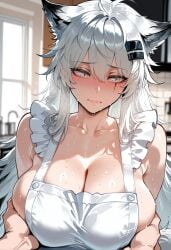 ai_generated animal_ears apron apron_only arknights big_breasts blush blush breast_grab breasts embarrassed flustered front_view grabbing grabbing_breasts lappland_(arknights) miyuai scar scar_on_face sweat sweatdrop sweating sweaty white_hair wolf_ears wolf_girl