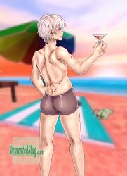 arsi_hakita_patala arsi_patala back_view beach cute_blush hakita holding_object male male_only one_male purple_eyes shorts sweating ultrakill ultrakill_developer white_hair white_skin white_skinned_male