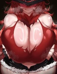 1girls blush breast_squeeze breasts breasts_squeezed_together cleavage female female_only gigantic_breasts hat headwear huge_breasts licking_lips light-skinned_female light_skin qiyarts red_hair solo steam tongue tongue_out voluptuous vshojo zentreya zentreya_(dragon) zentreya_(dragon)_(outlaw)