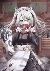 animal_ears black_sky braided_sidelocks cake cheek_rest copyright_request cross-laced_clothes cross-laced_sleeves dessert food frilled_straps fuzzy_clothes grey_nails grey_tail highres hinamori_anthea holding holding_saucer indie indie_virtual_youtuber leopard_ears leopard_tail maid nata_(tool) non-web_source red_pupils saucer sky snow_leopard_tail strawberry_shortcake tail teapot virtual wallpaper_(object) youtuber