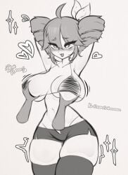 1girls 2d 2d_(artwork) ahoge armpits arms_behind_head arms_up artist_name belly big_breasts big_thighs bikini bikini_top black_and_white blush blush breast_focus breast_grab breasts female g-string groping groping_breasts hairbow heart heart hearts_around_head hourglass_figure huge_breasts huge_thighs irthnmoon jiggling_breasts kasane_teto kasane_teto_(sv) large_breasts large_thighs monochrome navel plump plump_breasts plump_thighs short_shorts shorts simple_background skindentation slim_waist small_waist synthesizer_v thick_thighs thighhighs thighs thong tremble_spikes trembling twin_drills utau white_background wide_hips