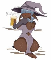 alcohol alcoholic_drink ass ass_bigger_than_head ass_focus beer big_ass big_breasts blue_hair cock-tail dark-skinned_female dark-skinned_futa dark_elf drinking drunk elf english_text full-package_futa futanari futanari hair_covering_eyes hair_over_eyes hat jeteggs large_ass large_breasts large_penis long_ears looking_back penis sitting talking_to_viewer witch witch_costume witch_hat