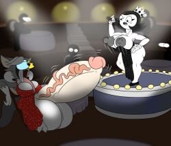 1female 1futa 2girls animal_ears animal_humanoid aroused ashily_(trevorsgaming) ass ass audience awooga background background_characters balls ballsack bedroom_eyes big_ass big_balls big_breasts big_butt big_hips big_nipples big_penis big_thighs big_veins black_and_white_body black_dress blurry_background breasts breasts_out_of_clothes breasts_out_of_dress cleavage cleavage_overflow clothed clothing color colored crown curvy curvy_female detailed_background drees enjoying_the_show erect_nipples erect_penis erection eyelashes eyes_popping_out fangs female female_focus fur futa_focus futanari genitals gloves hair hand_on_hip heart-shaped_pupils heterochromia hips hyper hyper_balls hyper_genitalia hyper_penis hyper_testicles indoors lighting long_eyelashes long_tail long_tongue looking_at_another looking_down looking_up mile motion_lines mouth_agape multi_eye multicolored_body multicolored_fur multicolored_hair nimbat nipples onyx_twilight open_mouth original_character original_characters penis red_dress revealing_clothes revealing_dress shoes short_hair side_view singing sitting sitting_on_chair smiling stage stage_lights stage_show standing standing_pose standing_position sudden_erection tail thighs tongue tongue_out toon toony toony_eyes vein veins veiny veiny_penis viewer white_gloves