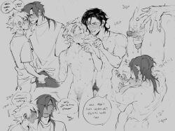 aoba_seragaki asarigg black_and_white dialogue dramatical_murder embarrassed erect_penis erection flaccid flaccid_penis gay koujaku pubes pubic_hair public public_sex scar shower tagme yaoi