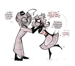 arousal aroused aroused_face baxter_(hazbin_hotel) blood blush blush blushing_at_another blushing_at_partner blushing_female cute cute_expression cute_face cute_female cute_girl cutie dress flirting grin grinning grinning_at_another grinning_at_partner hazbin_hotel lab_coat looking_away looking_back looking_pleasured niffty one_eye scarf styled_hair top_hat vivienne_medrano vivziepop wanting_more
