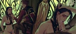 1boy 1girls 2d arcane blowjob blowjob_only caitlyn_kiramman cigar cigar_smoke clothed_male_nude_female cmnf cosplay domination female forced forced_oral hairy_pussy jinx_(league_of_legends)_(cosplay) league_of_legends male noctyssa oral_penetration oral_sex pulling_hair rape silco_(arcane) sitting_on_chair skinny skinny_girl small_breasts smoking tits_out titties