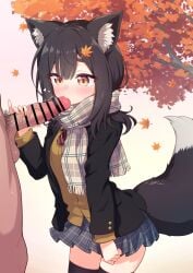 1boy animal_ears bar_censor black_hair black_jacket black_thighhighs blue_skirt bow bowtie breasts brown_eyes brown_sweater censored commission diagonal-striped_bow diagonal-striped_bowtie diagonal-striped_clothes fellatio female grey_scarf hair_ornament hairclip highres jacket large_variant_set layered_sleeves leaf_hair_ornament long_sleeves male_pubic_hair medium_hair miniskirt oral original penis penis_grab pinky_out plaid_clothes plaid_scarf plaid_skirt pleated_skirt pubic_hair red_bow red_bowtie scarf skeb_commission skirt small_breasts straight striped_clothes sweater tail testicles thighhighs variant_set wodaex wolf_ears wolf_girl wolf_tail