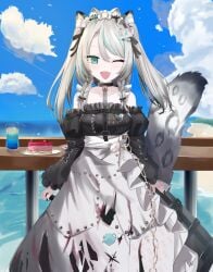 animal_ears black_sky braided_sidelocks cake cheek_rest copyright_request cross-laced_clothes cross-laced_sleeves dessert food frilled_straps fuzzy_clothes grey_nails grey_tail highres hinamori_anthea holding holding_saucer indie indie_virtual_youtuber leopard_ears leopard_tail maid nata_(tool) non-web_source red_pupils saucer sky snow_leopard_tail strawberry_shortcake tail teapot virtual wallpaper_(object) youtuber