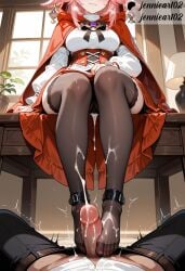 1boy ai_generated animal_ears ashikoki bangs barefoot belt black_legwear black_pantyhose black_thighhighs blush breasts cape closed_mouth clothing cross_earrings cum cum_on_body cum_on_feet desk dress earrings ejaculation english_text erection feet female female footjob genital_fluids genshin_impact hair_ornament hood indoors jennieart02 jewelry lamp large_breasts legwear long_hair long_sleeves male nakadashi no_shoes pants pantsu pantyhose patreon patreon_logo patreon_username penis penis_out pink_hair plant semen semen_on_body semen_on_feet sex shirt sitting skirt smile soles solo_focus spread_legs straight text thighhighs thighs toes twitter twitter_username two-footed_footjob underwear vagina watermark white_shirt window yae_miko yae_miko_(genshin_impact)