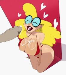 1girls big_breasts bikini blonde blonde_hair cartoon_network cumming_on_breasts dexter's_laboratory earrings female_focus glasses huge_breasts kafka_art light-skinned_female light_skin miss_physics open_mouth red_bikini red_lipstick round_glasses