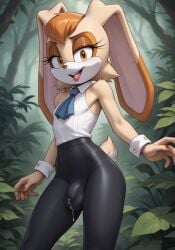 ai_generated brown_eyes brown_fur femboy fur furry happy jungle_background male mobian mobian_(species) outdoors precum_dripping precum_through_pants rule_63 solo thin_waist tight_bulges tight_pants vanilla_the_rabbit