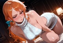 1girls absurd_res ai_generated bedroom big_breasts breasts breasts_bigger_than_head female female_focus female_only large_breasts light-skinned_female light_skin nami_(one_piece) one_piece orange_hair sexy sexy_pose shy solo solo_female solo_focus steam steaming_body steamy_breath virgin_killer_sweater