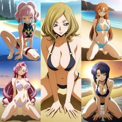 5girls ai_generated anya_alstreim bikini black_bikini blonde_hair blue_bikini blue_hair cecile_croomy clothed clothed_female code_geass duderu_vanilla euphemia_li_britannia female female_only kneeling milly_ashford multiple_girls orange_hair pink_hair shirley_fenette white_bikini