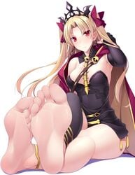 anklet asymmetrical_legwear bangs bare_shoulders barefoot black_dress black_legwear blonde_hair blush bow breasts cape cleavage covered_nipples crossed_legs detached_collar detached_sleeves dress earrings ereshkigal_(fate) fate/grand_order fate_(series) feet female frown hairbow hand_in_hair highres hoop_earrings jewelry long_hair medium_breasts naturalton parted_bangs pov_feet red_cape red_eyes shiny shiny_skin simple_background sitting skull_necklace soles solo spine sweat tiara toes two_side_up white_background