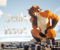 abs anthro balls big_muscles big_penis canid canine city cloud crouching fox genitals giga_macro hi_res huge_cock huge_muscles macro male mammal muscular muscular_male pecs penis rileyfoxxo sky smile smirk solo vein veiny_penis