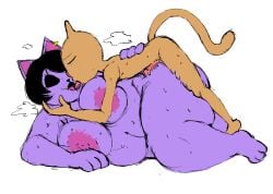 2025 anthro areola belly big_breasts bodily_fluids breasts burgerpants catty_(undertale) closed_eyes domestic_cat duo felid feline felis female ferretidk french_kissing fur genitals hand_on_face hi_res humanoid_genitalia humanoid_penis kissing larger_female lying male male/female mammal montgomery_glands musk musk_clouds nipples on_side overweight overweight_anthro overweight_female penis purple_body purple_fur simple_background size_difference smaller_male sweat tan_body tan_fur tongue tongue_out undertale undertale_(series) white_background