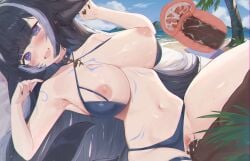 1boy :d bangs bikini bikini_aside bikini_lift black_bikini black_hair blue_bikini blue_eyes blush breasts censored cervix choker cowgirl_position criss-cross_halter cross_section cum cum_in_pussy ejaculation eyebrows_visible_through_hair female internal_cumshot large_breasts long_hair looking_at_viewer lying missionary navel nipples nude on_back open_mouth overflow penis purple_eyes pussy sex shylily smile solo_focus straddling straight sweat swimsuit tail uncensored uterus vaginal_penetration very_long_hair x-ray
