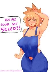 1girls armpits big_breasts bimbo blonde_hair breasts chubby clothing deee english_text exposed_pussy female female_only hair hand_on_head huge_ass huge_breasts large_breasts light-skinned_female light_skin mature mature_female milf mitsuki_bakugou mother my_hero_academia no_bra overalls red_eyes solo speech_bubble sweat text thick_thighs url watermark wide_hips