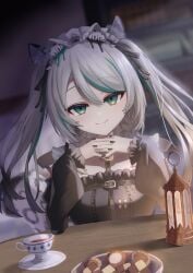 animal_ears black_sky braided_sidelocks cake cheek_rest copyright_request cross-laced_clothes cross-laced_sleeves dessert food frilled_straps fuzzy_clothes grey_nails grey_tail highres hinamori_anthea holding holding_saucer indie indie_virtual_youtuber leopard_ears leopard_tail maid nata_(tool) non-web_source red_pupils saucer sky snow_leopard_tail strawberry_shortcake tail teapot virtual wallpaper_(object) youtuber