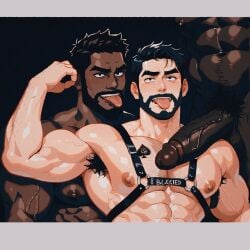 3boys abs ai_generated areolae armpit_hair armpits bara beard biceps blacked_male chest_hair chest_harness dark-skinned_male facial_hair gay interracial light-skinned_male male male_focus male_only muscular muscular_arms muscular_male naked naked_male nipples nude_male pecs pectorals pubic_hair queen_of_spades self_upload threesome tongue tongue_out veiny_penis yaoi
