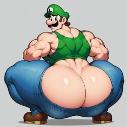 1boy ai_generated ass ass_focus big_ass blue_pants brown_hair clothing dat_ass enormous_ass facial_hair fat_ass gigantic_ass green_hat green_tank_top huge_ass humanoid humanoid_male large_ass light-skinned_male light_skin looking_at_viewer looking_back looking_back_at_viewer luigi male male_only mario_(series) massive_ass mature mature_male muscles muscular muscular_male nintendo pants plumber's_crack simple_background solo solo_focus solo_male squatting tank_top thick_ass thick_thighs thighs