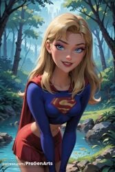 1girls ai_generated artist_name blonde_hair blue_eyes blue_shirt breasts cape collarbone cowboy_shot crop_top day dc dc_comics dcau forest hi_res justice_league justice_league_unlimited kara_zor-el leaning_forward long_hair long_sleeves looking_at_viewer medium_breasts midriff miniskirt nature navel outdoors patreon_username pleated_skirt progenarts red_cape red_skirt river rock shirt skirt smile solo supergirl superman_(series) teeth tree water