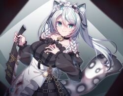 animal_ears black_sky braided_sidelocks cake cheek_rest copyright_request cross-laced_clothes cross-laced_sleeves dessert food frilled_straps fuzzy_clothes grey_nails grey_tail hinamori_anthea holding holding_saucer indie leopard_ears leopard_tail maid nata_(tool) non-web_source red_pupils saucer sky snow_leopard_tail strawberry_shortcake tail teapot virtual wallpaper_(object) youtuber
