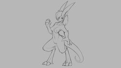 16:9 2019 anthro breasts digitigrade dragon female grey_background hair half-closed_eyes horn monochrome navel nipples nude pussy simple_background solo standing thick_thighs watsup