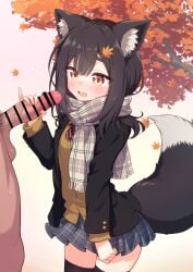 1boy animal_ears bar_censor black_hair black_jacket black_thighhighs blue_skirt bow bowtie breasts brown_eyes brown_sweater censored commission diagonal-striped_bow diagonal-striped_bowtie diagonal-striped_clothes female grey_scarf hair_ornament hairclip highres jacket large_variant_set layered_sleeves leaf_hair_ornament long_sleeves male_pubic_hair medium_hair miniskirt open_mouth original penis penis_grab pinky_out plaid_clothes plaid_scarf plaid_skirt pleated_skirt pubic_hair red_bow red_bowtie scarf skeb_commission skirt small_breasts straight striped_clothes sweater tail testicles thighhighs variant_set wodaex wolf_ears wolf_girl wolf_tail