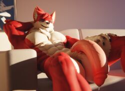 anthro big_muscles big_penis bodily_fluids canid canine danny_sterling_(spitfire420007) flaccid fox furniture genital_fluids genitals hi_res huge_cock huge_muscles hyper hyper_genitalia hyper_penis leaking_precum looking_at_viewer lying male mammal muscular muscular_male penis precum rileyfoxxo sofa solo vein veiny_penis