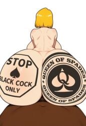 android_18 back_view blonde_hair cuckold dark-skinned_male dragon_ball dragon_ball_super dragon_ball_z huge_ass interracial netorare ntr queen_of_spades raceplay sentai_henpai_b sitting_on_person tattoo