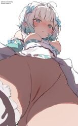 ahoge ass_visible_through_thighs bangs bare_shoulders blue_eyes blunt_bangs blush bow breasts detached_sleeves dress elf eyebrows_visible_through_hair female foreshortening frilled_dress frills from_below hair_ornament hairbow looking_at_viewer looking_down medium_breasts mint_fantome no_panties open_mouth pointy_ears short_hair simple_background solo thighhighs upskirt white_background