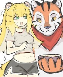 1boy 1girls 2025 bangs big_breasts big_thighs breasts cat_ears cat_girl catgirl cereal chubby chubby_female crop_top female female_only green_eyes jade_eyes ju_fufu_(zenless_zone_zero) large_breasts light-skinned_female light_skin long_hair male melink_(artist) nervous solo_focus sweat sweating tail thick_thighs tiger_girl tony_the_tiger vtuber white_background yellow_hair zenless_zone_zero