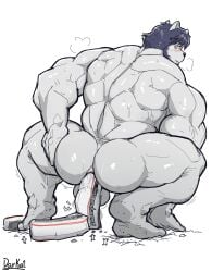 anal anal_sex anthro ass big_muscles canid canine canis cracked_ground crouching darkai destruction domestic_dog hi_res huge_muscles macro male male_only mammal muscular penetration solo train vehicle