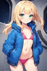 ai_generated bikini bikini_under_clothes blonde_female blonde_hair blonde_hair_female blue_jacket diana_(pragmata) female green_eyes hoodie jacket long_hair looking_at_viewer petite petite_body petite_breasts petite_female petite_girl pink_bikini pragmata short_girl small_breasts small_frame small_girl smile solo solo_female spaceship spaceship_interior teen teenage_girl teenager unzipped unzipped_jacket winter_jacket