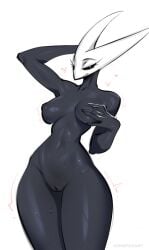 anthro arthropod biped black_eyes bodily_fluids breasts female female_anthro front_view genitals hi_res hollow_knight horn hornet_(hollow_knight) johnfoxart narrowed_eyes nipples non-mammal_breasts non-mammal_nipples pussy simple_background solo standing sweat team_cherry white_background wide_hips