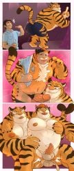 animal_humanoid anthro beverage bodily_fluids claws cum cum_inside disney duo ejaculation felid felid_humanoid finger_claws from_behind_position genital_fluids genitals haxsmack hi_res human humanoid male male/male mammal mammal_humanoid markings nipple_fetish nipple_play pantherine pantherine_humanoid penile_spines penis sex striped_markings striped_tail stripes tail tail_markings tiger tiger_dancer_(zootopia) tiger_humanoid transformation zootopia