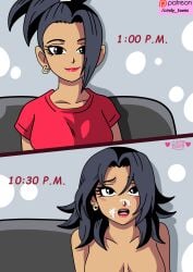 before_and_after black_hair blush blush_lines blushed_face blushing_female breast breasts brown_hair brown_skin cindy_toons comic comic_page comic_panel cum cum_dump cum_on_face disheveled dragon_ball dragon_ball_super female kale kale_(dragon_ball) lips lipstick long_hair makeup open_mouth ponytail red_lips red_lipstick red_makeup red_shirt saiyan saiyan_bitch saiyan_girl schedule shirt sofa