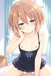 1boy 1girls ai_generated bedroom bedroom_eyes blanc blush breasts breasts_out brown_hair cowgirl_position gentle_smile half-closed_eyes hand_on_face hand_on_own_face in_bed indigo_eyes morning naked naked_male neptunia_(series) nightgown nipples nude nude_male penis_in_pussy pov sex short_hair small_breasts smile vaginal_penetration