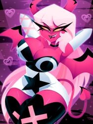 2d 2d_(artwork) 2d_artwork armwear beautiful beautiful_face beauty_mark black_lips breasts curvaceous curvaceous_figure curvy_female curvy_figure demon demon_girl demon_horns demon_tail demon_wings deviantart_link eyelashes fur_coat heart heart-shaped_mole helluva_boss horns hourglass_figure hourglass_figured_female legwear light_pink_hair long_hair medium_breasts pink_body pink_pupils pink_skin pleasure_face pose posing smile smiling tail thighs thighs_bigger_than_head verosika_mayday_(helluva_boss) vivienne_medrano vivziepop white_gloves wings xan-gelx(xan) yellow_eyes