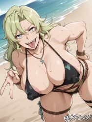 1girl ai_generated areolae_slip beach belt big_breasts black_bikini bleach bleach:_the_thousand-year_blood_war bleach_brave_souls bonfen291 bracelet candice_catnipp female green_eyes green_hair huge_nipples long_hair looking_at_viewer ocean open_mouth pubic_hair_peek self_upload solo thigh_strap tongue_out v_sign wet