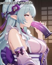 1girls ai_generated aqua_hair artifical_art big_breasts blush demon demon_girl dildo dildo_in_mouth female_masturbation genshin_impact hair_ornament hair_stick hoyoverse light-skinned_female light_skin maid_headdress mihoyo oral_masturbation perfect_body pointy_ears purple_eyes sex_toy solo sucking sucking_dildo yokai yumemizuki_mizuki